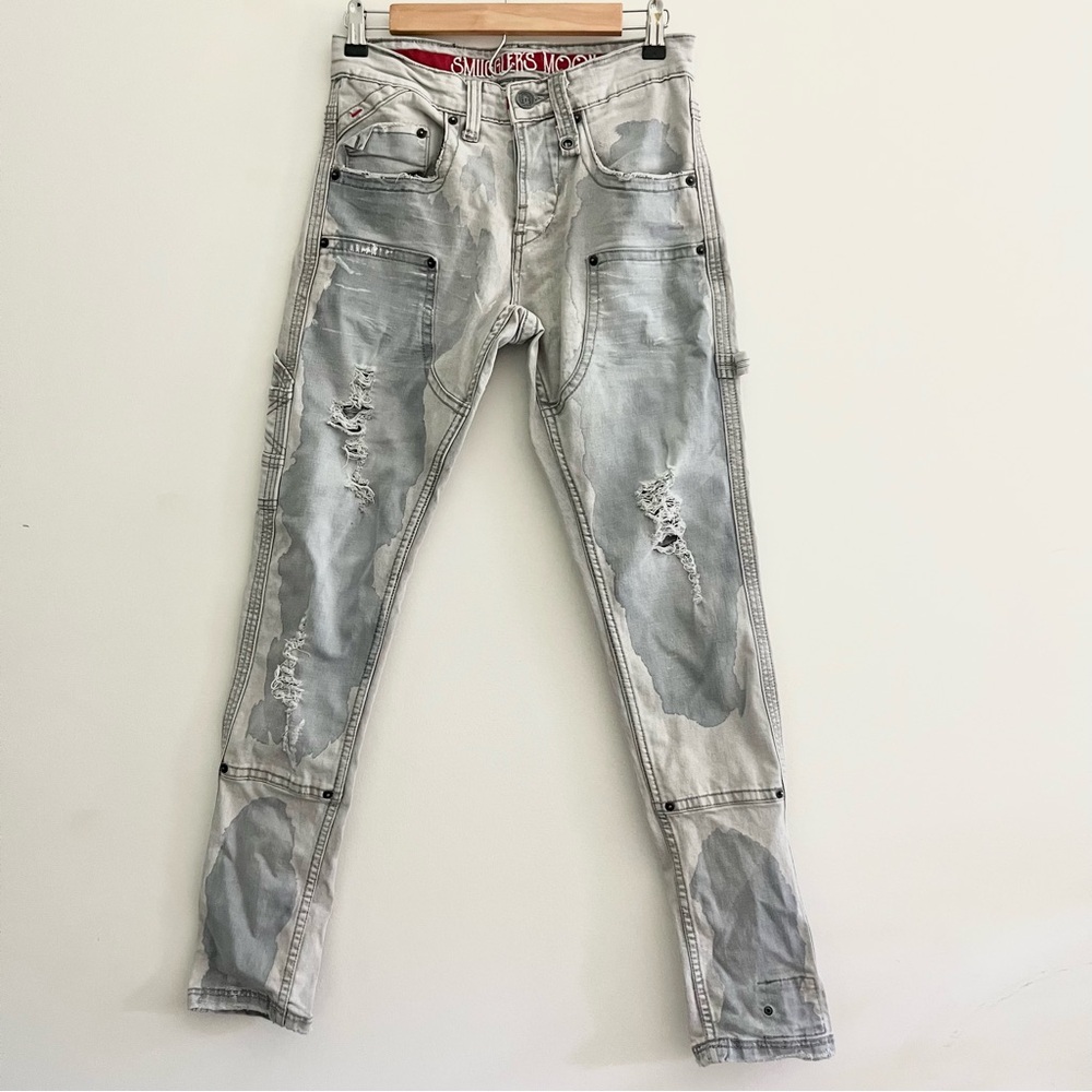 Smuggler’s Moon Mens Camouflage Camo Denim Jeans Whitewashed Cargo Stretch 28/31